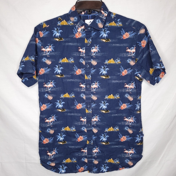Denim & Flower Other - DENIM & FLOWER RICKY SINGH Men's Navy Floral Hawaiian Flamingo Button-Down Shirt